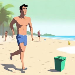 A high-quality digital animation featuring a man jogging along a sandy beach