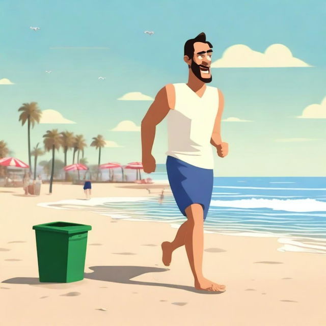 A high-quality digital animation featuring a man jogging along a sandy beach