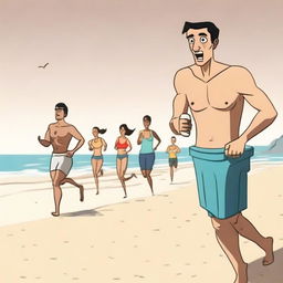 A high-quality digital animation featuring a man jogging along a sandy beach