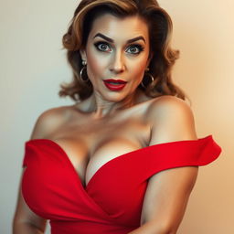 A stunning 50-year-old woman, confidently facing the camera with a surprised yet seductive expression