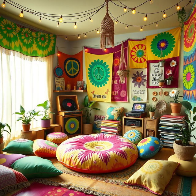 A lively and colorful hippie room in the IncredyBox animation style, featuring whimsical and psychedelic elements