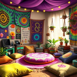 A lively and colorful hippie room in the IncredyBox animation style, featuring whimsical and psychedelic elements