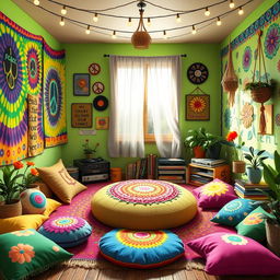 A lively and colorful hippie room in the IncredyBox animation style, featuring whimsical and psychedelic elements