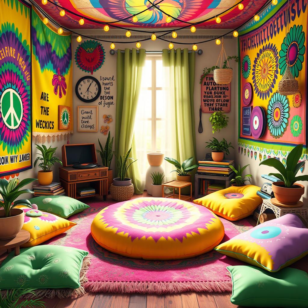 A lively and colorful hippie room in the IncredyBox animation style, featuring whimsical and psychedelic elements