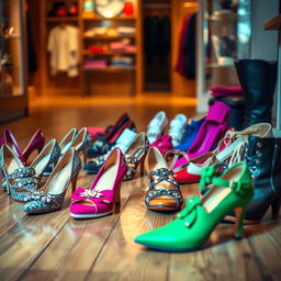 A collection of stylish shoes displayed elegantly on a wooden floor