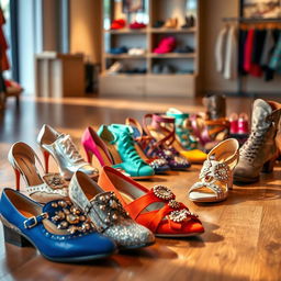 A collection of stylish shoes displayed elegantly on a wooden floor