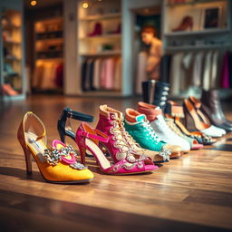A collection of stylish shoes displayed elegantly on a wooden floor