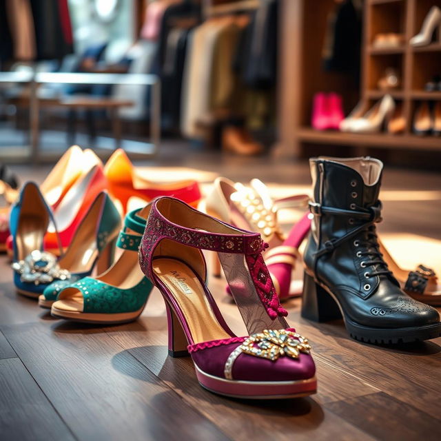 A collection of stylish shoes displayed elegantly on a wooden floor