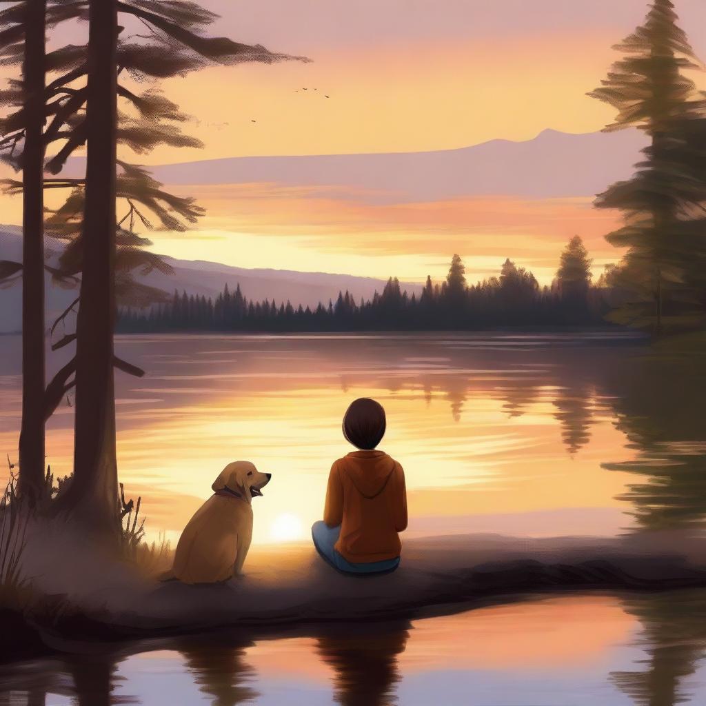 This high-quality digital art captures a serene moment of a young woman and her loyal dog, sitting by the shore of a tranquil lake