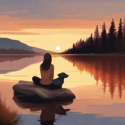 This high-quality digital art captures a serene moment of a young woman and her loyal dog, sitting by the shore of a tranquil lake