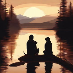 This high-quality digital art captures a serene moment of a young woman and her loyal dog, sitting by the shore of a tranquil lake