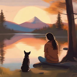 This high-quality digital art captures a serene moment of a young woman and her loyal dog, sitting by the shore of a tranquil lake