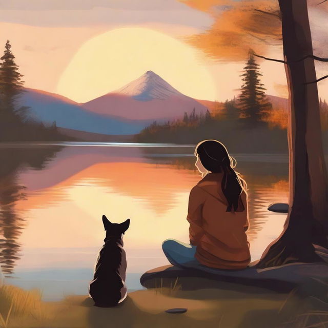 This high-quality digital art captures a serene moment of a young woman and her loyal dog, sitting by the shore of a tranquil lake