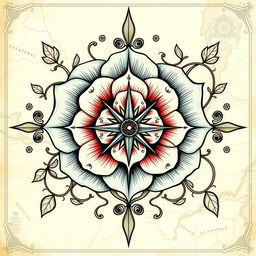 A beautifully designed rose of the winds, intricately detailed and ornate, featuring elegant cardinal directions: North, East, South, West, embellished with vines and delicate floral patterns around it