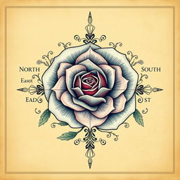 A beautifully designed rose of the winds, intricately detailed and ornate, featuring elegant cardinal directions: North, East, South, West, embellished with vines and delicate floral patterns around it