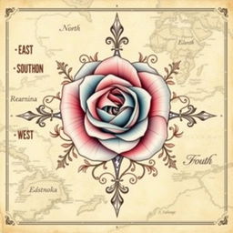 A beautifully designed rose of the winds, intricately detailed and ornate, featuring elegant cardinal directions: North, East, South, West, embellished with vines and delicate floral patterns around it
