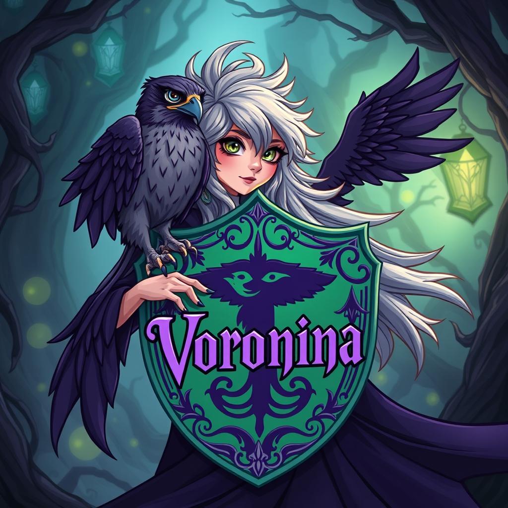 A wild and whimsical character with a fierce falcon perched on their arm, featuring the name 'Voronina' in a stylized purple font