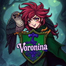A wild and whimsical character with a fierce falcon perched on their arm, featuring the name 'Voronina' in a stylized purple font