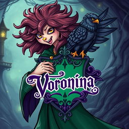 A wild and whimsical character with a fierce falcon perched on their arm, featuring the name 'Voronina' in a stylized purple font