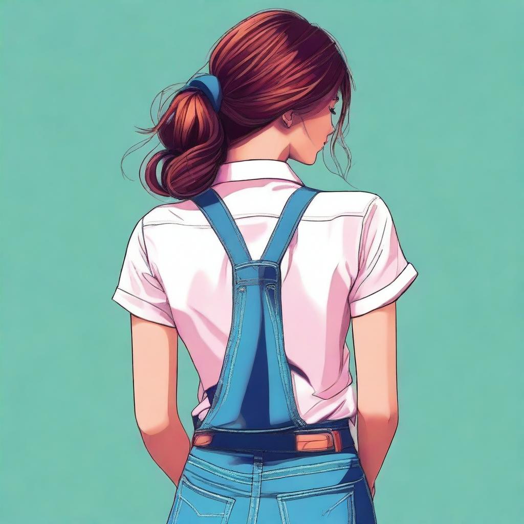 Create a high-quality digital art image of a girl viewed from behind, wearing stylish clothing