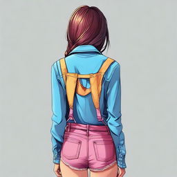 Create a high-quality digital art image of a girl viewed from behind, wearing stylish clothing