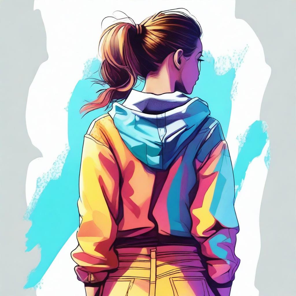 Create a high-quality digital art image of a girl viewed from behind, wearing stylish clothing