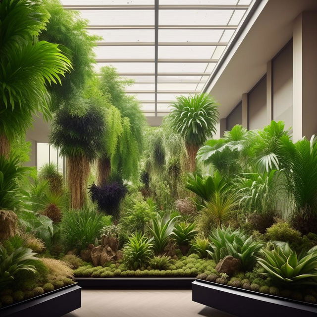 Generate six photo-realistic images of an interior plant exhibition, showcasing an array of diverse plants placed thoughtfully within an indoor space that complements the greenery