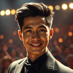 A hyper-realistic portrait of the incredible singer Dimash Qudaibergen, showcasing his unique features, intense gaze, and charming smile