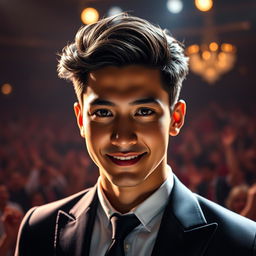 A hyper-realistic portrait of the incredible singer Dimash Qudaibergen, showcasing his unique features, intense gaze, and charming smile