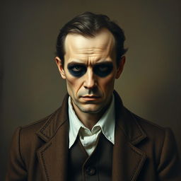 An old painting portrait of a mysterious eyeless man, depicted with a somber expression