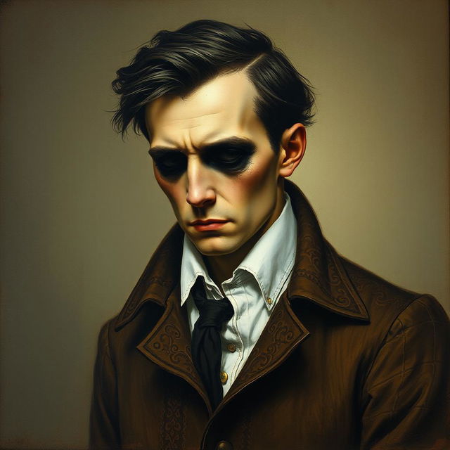 An old painting portrait of a mysterious eyeless man, depicted with a somber expression