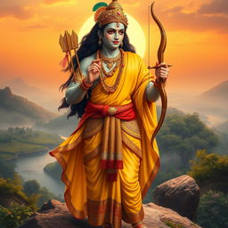 A majestic depiction of Lord Rama standing in a divine setting, wearing traditional royal attire, including a beautifully embroidered dhoti, a striking yellow robe, and adorned with intricate jewelry