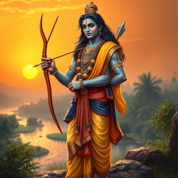 A majestic depiction of Lord Rama standing in a divine setting, wearing traditional royal attire, including a beautifully embroidered dhoti, a striking yellow robe, and adorned with intricate jewelry