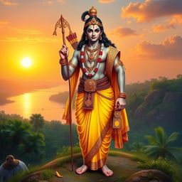 A majestic depiction of Lord Rama standing in a divine setting, wearing traditional royal attire, including a beautifully embroidered dhoti, a striking yellow robe, and adorned with intricate jewelry