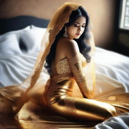 This is a digital art piece showcasing a voluptuous Indonesian bride in a sensual pose