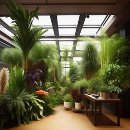 Generate six photo-realistic images of an interior plant exhibition, showcasing an array of diverse plants placed thoughtfully within an indoor space that complements the greenery