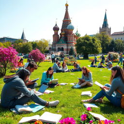 A vibrant scene of students studying at a picturesque Moscow park, showcasing iconic landmarks like the Saint Basil's Cathedral in the background