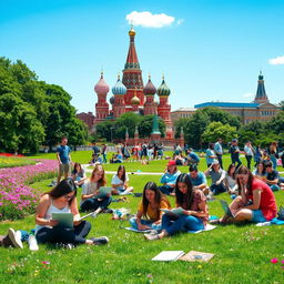 A vibrant scene of students studying at a picturesque Moscow park, showcasing iconic landmarks like the Saint Basil's Cathedral in the background