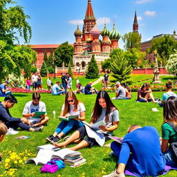 A vibrant scene of students studying at a picturesque Moscow park, showcasing iconic landmarks like the Saint Basil's Cathedral in the background