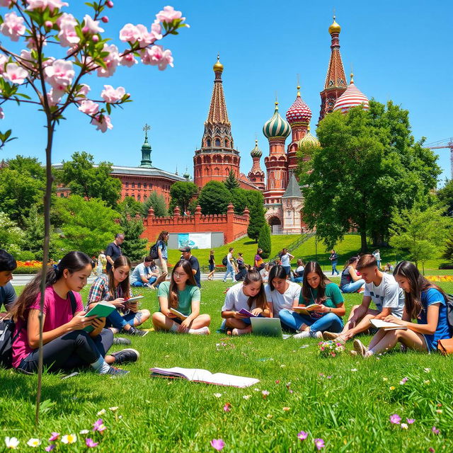 A vibrant scene of students studying at a picturesque Moscow park, showcasing iconic landmarks like the Saint Basil's Cathedral in the background