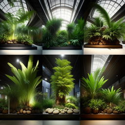 Generate six realistic images of an indoor plant exhibition with a variety of lush, green plants of different species and sizes displayed artistically in a well-lit, spacious hall.