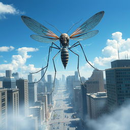 A giant mosquito towering over skyscrapers, its wings shimmering in metallic hues, surrounded by a city skyline under a bright blue sky