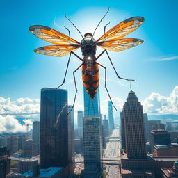 A giant mosquito towering over skyscrapers, its wings shimmering in metallic hues, surrounded by a city skyline under a bright blue sky