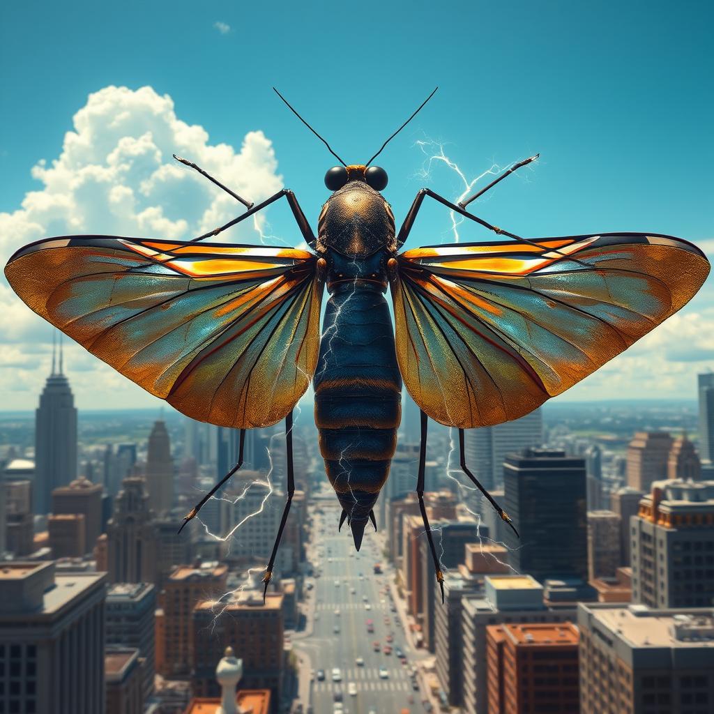 A giant mosquito towering over skyscrapers, its wings shimmering in metallic hues, surrounded by a city skyline under a bright blue sky