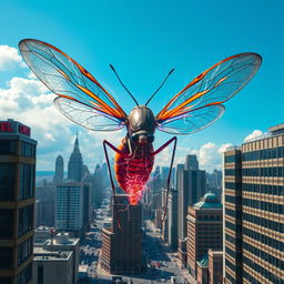 A giant mosquito towering over skyscrapers, its wings shimmering in metallic hues, surrounded by a city skyline under a bright blue sky