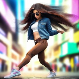 This is a vibrant digital art of a brunette girl in action, captured mid-twerk