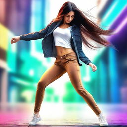 This is a vibrant digital art of a brunette girl in action, captured mid-twerk