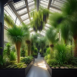 Generate six realistic images of an indoor plant exhibition with a variety of lush, green plants of different species and sizes displayed artistically in a well-lit, spacious hall.