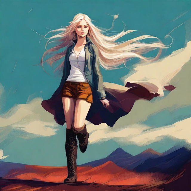 This is a high-quality digital art image, featuring a confident blonde girl wearing long boots