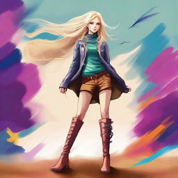 This is a high-quality digital art image, featuring a confident blonde girl wearing long boots